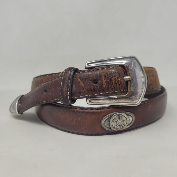 Fossil Other - Fossil Belt 38 Brown Italian Leather Western Concho Silver Buckle Cowboy Rodeo